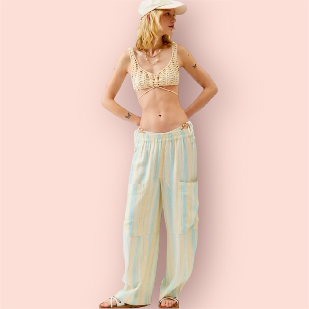 Urban Outfitters | Mae Shimmer Striped Linen Wide Leg Cargo Pant Large